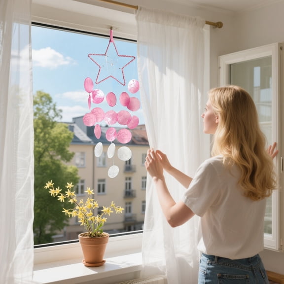 Tuscom Star and Seashell Wind Chime Ornament, Woven Dreamcatcher Home Decor with Crystal Accents, Hand Crocheted Macrame Hanging Decor for Indoor Wall Window, 23.2in Boho Coastal Room Decoration