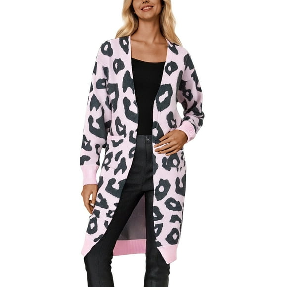 Aocisk Long Cardigan for Women Leopard Print Open Front Knit Sweater Coat Soft Comfortable Fall Winter Fashion Outerwear with Lightweight Design Pink L