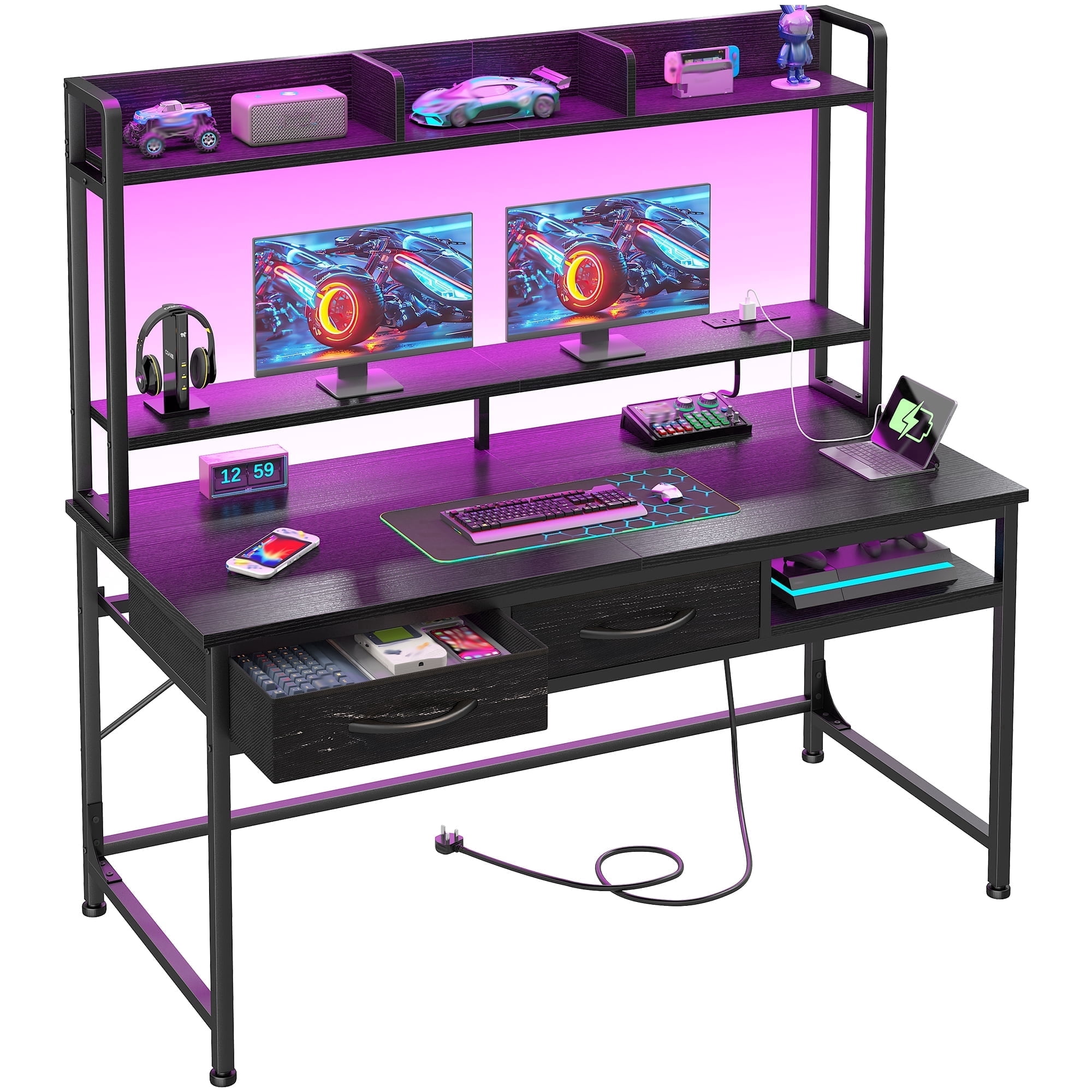 Romorgniz 39.4" W Office Desk with Drawers & Storage, Computer Desk with Hutch & Monitor Stand, Gaming Desk with Power Outlets & Lights, Reading Desk for Bedroom, Black
