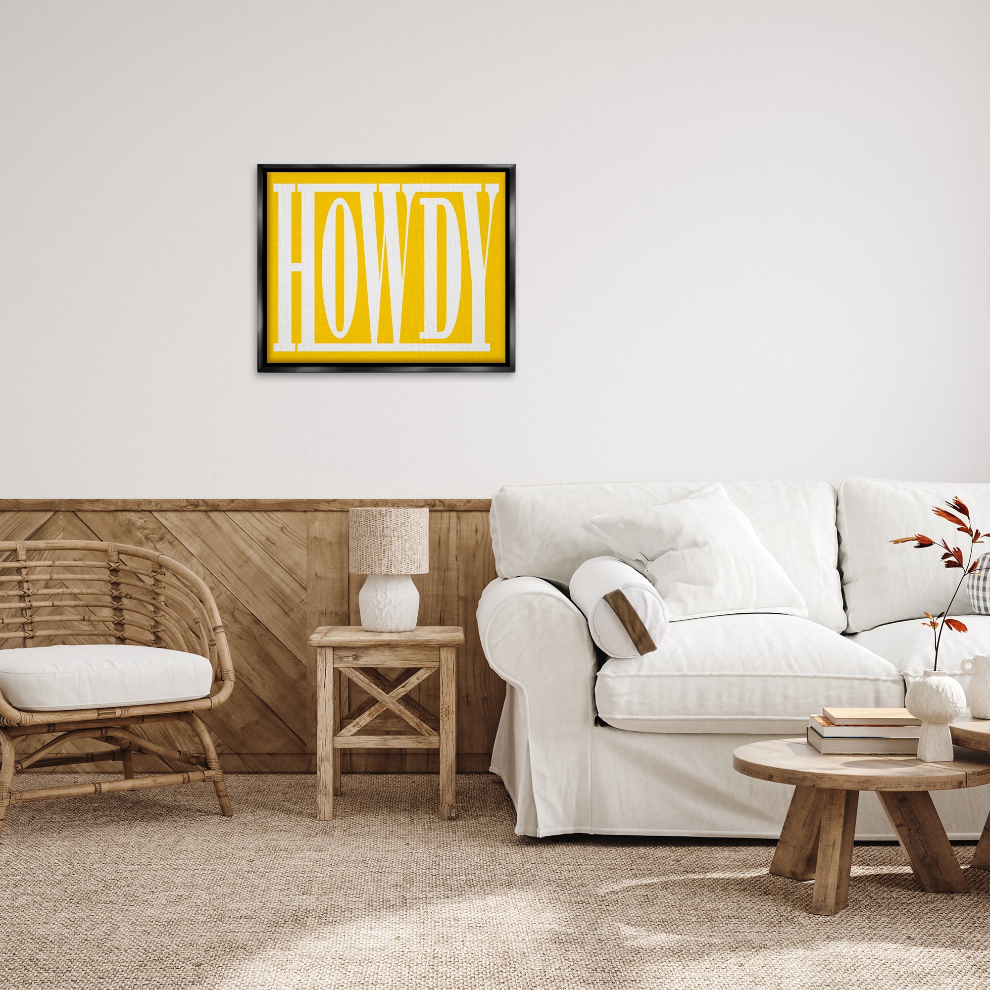 Stupell Industries Howdy Phrase on Yellow Typography Painting Black Floater Framed Canvas Art Print Wall Art, 31 x 25