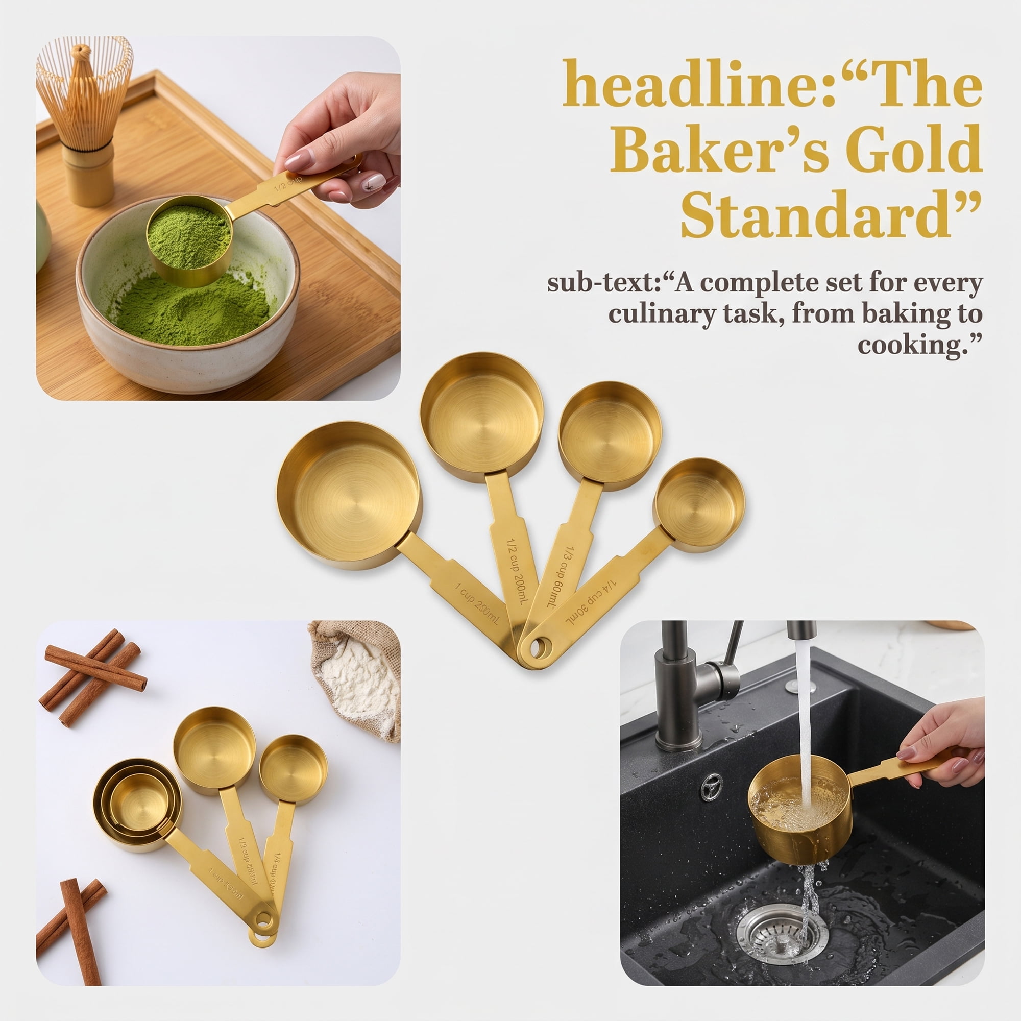 Unique Bargains Stainless Steel Measuring Cups and Spoons Set for Cooks Gold 4Pcs