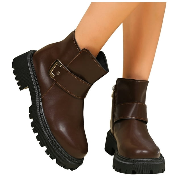 Leozcaa Women's Ankle Boots Classic Low Chunky Heel Platform Side Zipper Short Booties Fall Booties Shoes