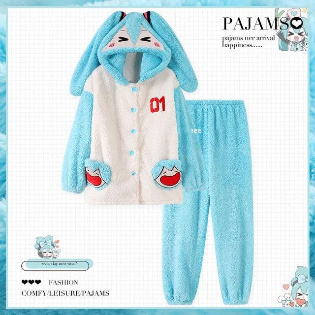 Pijama largo de felpa con capucha para mujer, ropa de casa Kawaii Hatsune Miku, bata bonita, Pijama largo de felpa, regalo, pijama informal Suelto