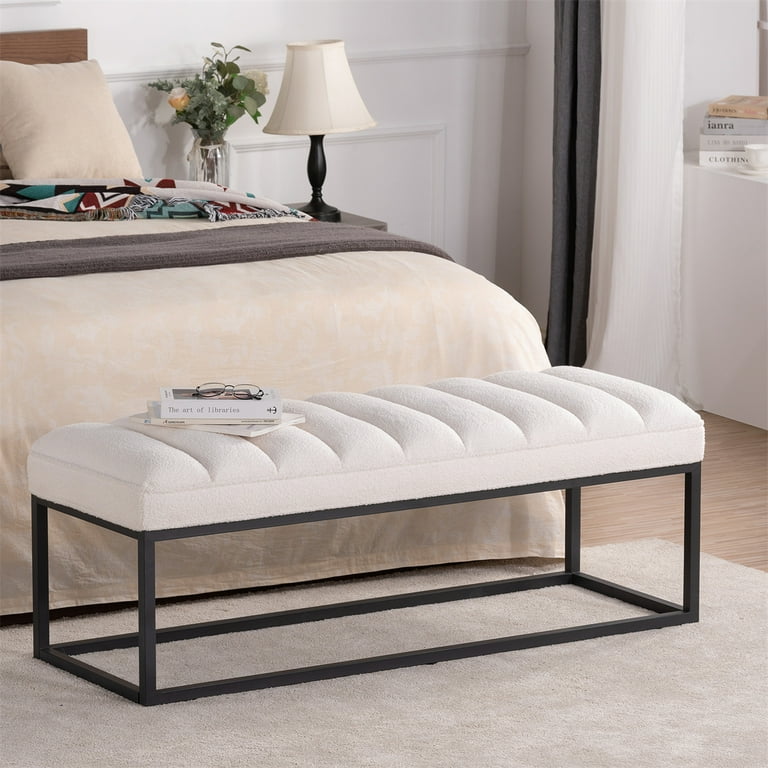 Velvet Bench Upholstered Tufted Channel Bench Entryway Footstool Dressing Makeup with Metal Base Padded Seat Dining Bench Indoor End of Bed Bench