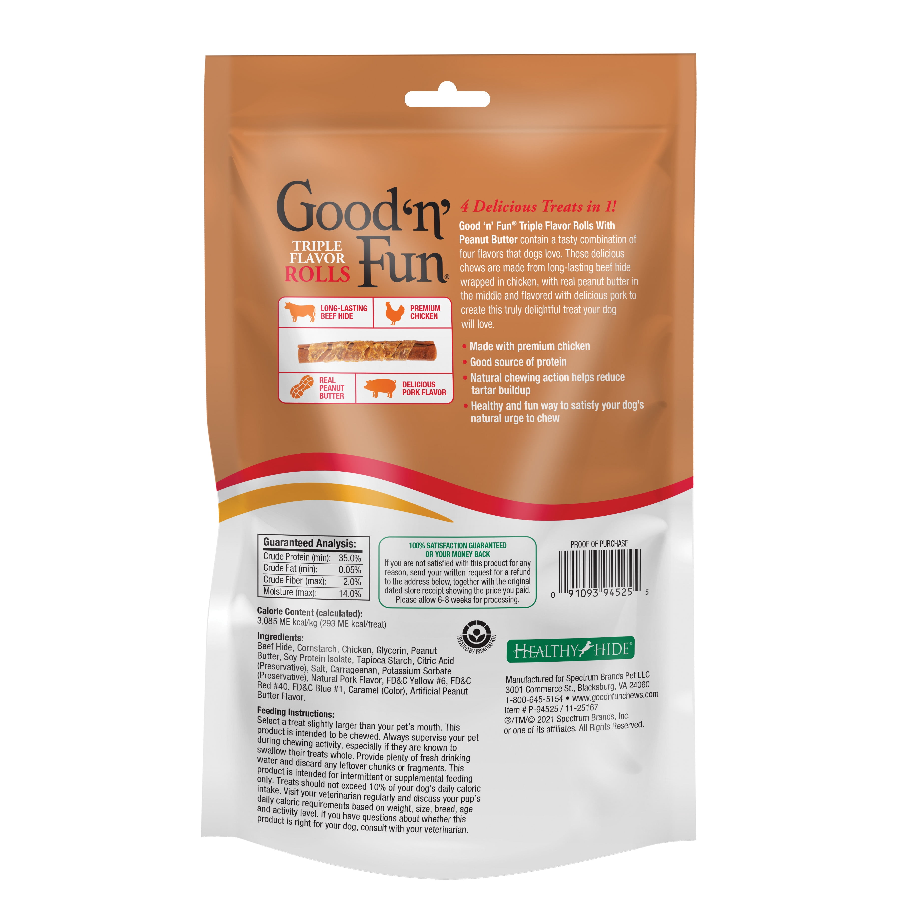 Good ’n’ Fun Triple Flavor Small Rolls with Peanut Butter, Rawhide Chews for All Dogs, 4 Count