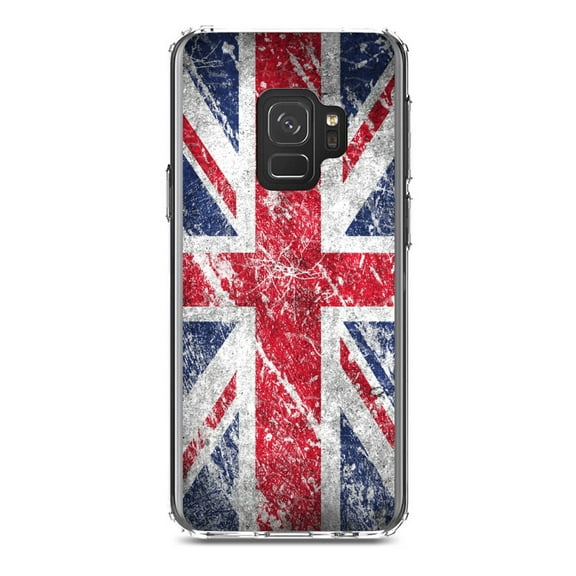 DistinctInk Clear Shockproof Hybrid Case for Samsung Galaxy S9 (5.8" Screen) - TPU Bumper, Acrylic Back, Tempered Glass Screen Protector - Red White Blue British Flag Weathered - the UK