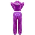 thumbnail image 2 of Haitryli Kids Girls Shiny Metallic Jazz Dancewear Sleeveless Mesh Patchwork Crop Top Vest with Pants Set Purple 14, 2 of 4