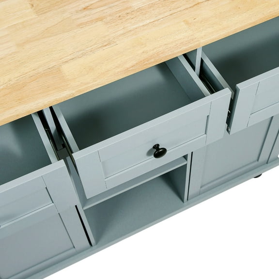 Drop Kitchen Island With Cabinet Storage & 5 Smooth Wheels, Grey Blue For Spacious And Stylish