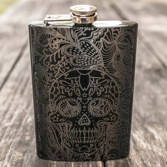 Hip Flask Plus 8oz Sugar Skull Black Hip Flask - Artistic Charm & Leak-Proof