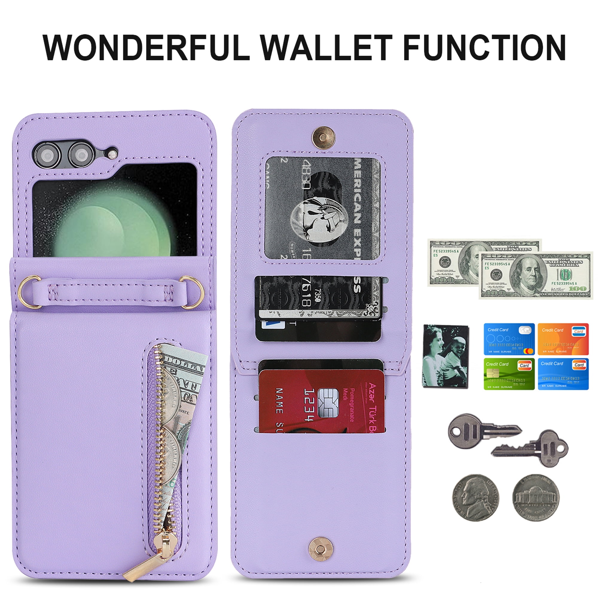 Decase for Samsung Galaxy Z Flip 5 Luxury Zipper Wallet Phone Case, Multi-Function Kickstand Card Holder Adjustable Fashion Flip Cover Case with Crossbody Strap for Samsung Z Flip 5 5G,Purple