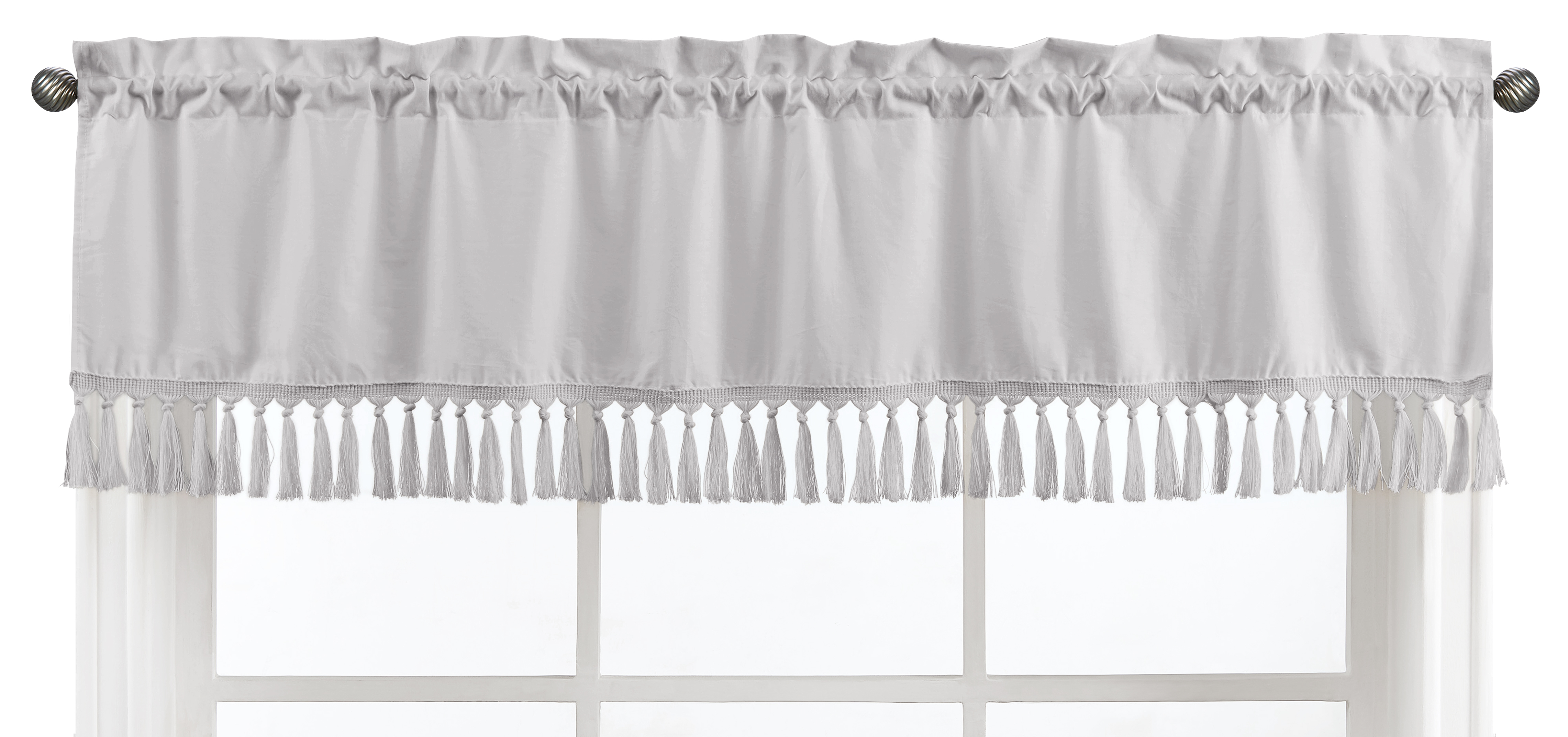 Sweet Jojo Designs Grey Boho Bohemian Window Treatment Valance - Solid Color Gray Farmhouse Chic Unisex Minimalist Tassel Fringe Macrame Cotton Gender Neutral