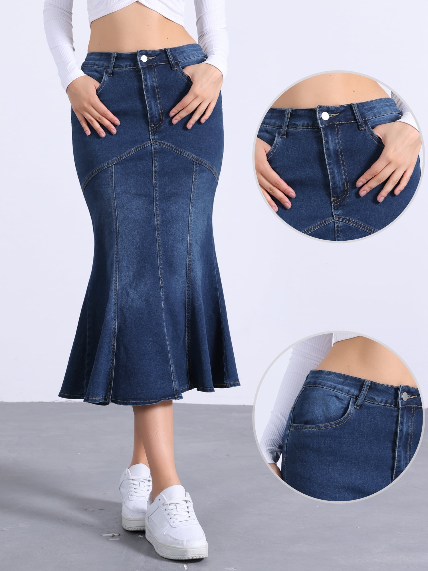 DARING DIVA Fishtail Denim Skirt Women's Washed Midi Jean Bodycon Skirt XL Dark Blue