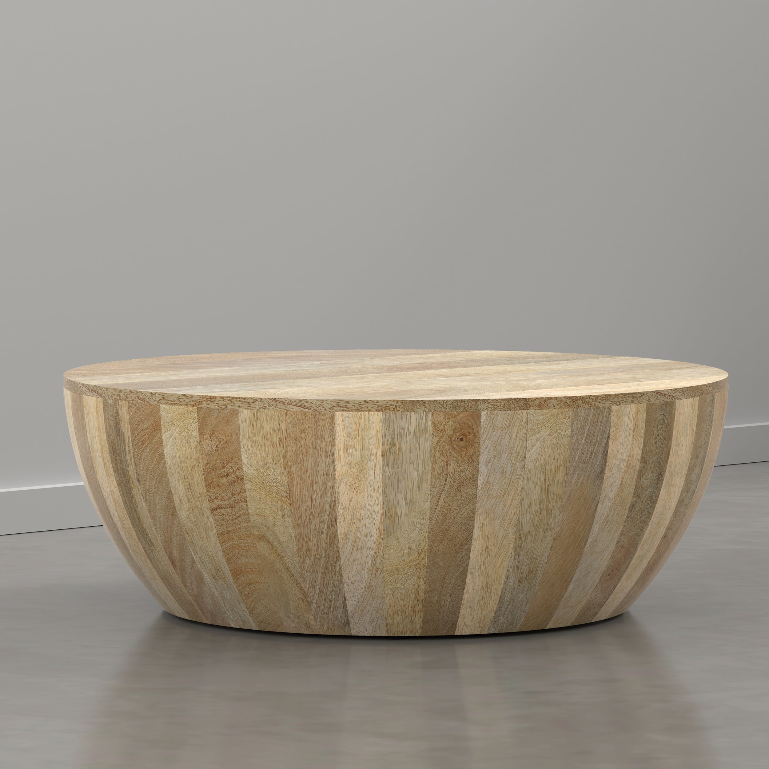 Simpli Home Elmbrook 34 inch Wide Solid Mango Wood Drum Coffee Table, Natural Blonde