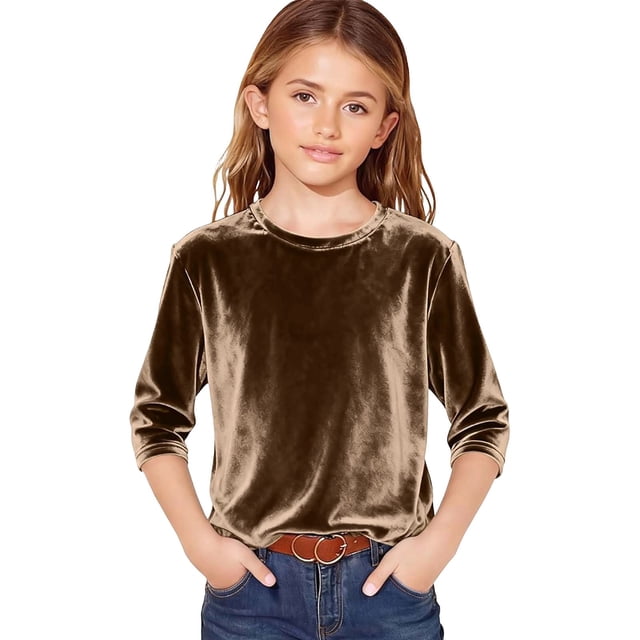 AWZXDE T-Shirt en Velours pour Filles à Manches 3/4, Doux, Col Rond, Hauts Décontractés pour Filles, T-Shirt de Base Confortable 3-14 Ans