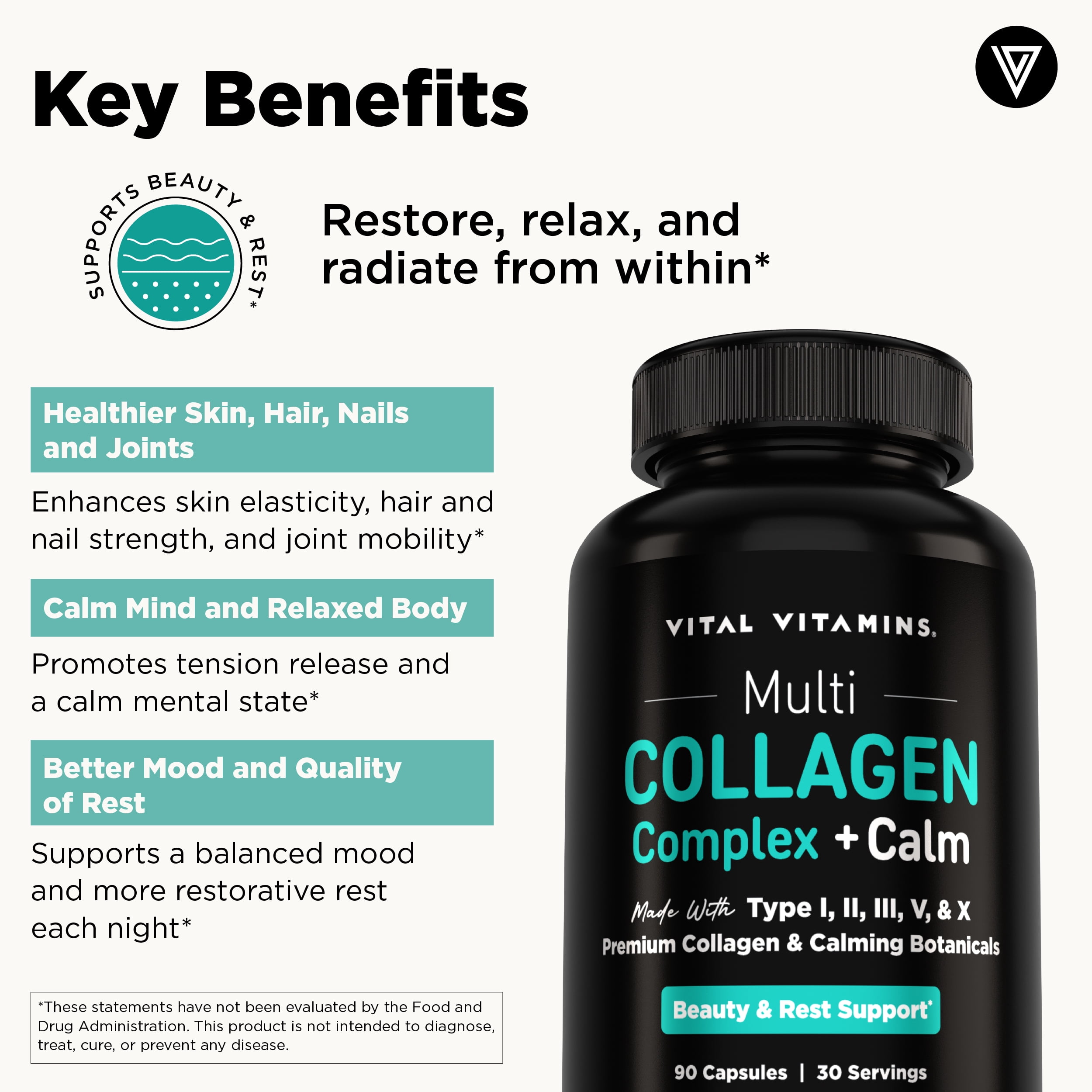 Vital Vitamins Multi Collagen Complex + Calm - 5 Collagen Types (I, II, III, V & X) for Skin, Hair, Nails & Joints - L-Theanine, Ashwagandha & Magnesium Glycinate - Melatonin-Free Relaxation - 90 Ct