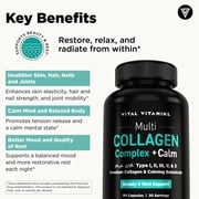 Vital Vitamins Multi Collagen Complex + Calm - 5 Collagen Types (I, II, III, V & X) for Skin, Hair, Nails & Joints - L-Theanine, Ashwagandha & Magnesium Glycinate - Melatonin-Free Relaxation - 90 Ct