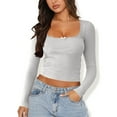 thumbnail image 2 of Lenpel Women's Long Sleeve T Shirts Ribbed Square Neck Lace Trim Stretchy Slim Basic Crop Tops Casual Tee Blouses, 2 of 6