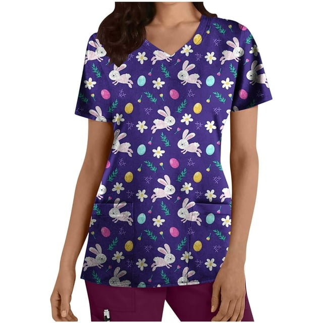 LSLJS Pull Col en V pour Femmes Imprimé Floral Manches Courtes, Hauts de Pâques pour Femmes Grande Taille
