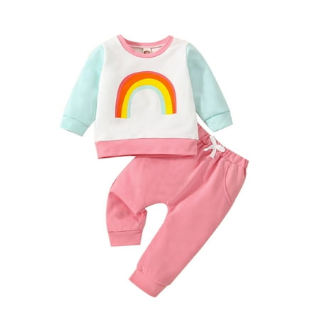 

2Pcs Newborn Infant Baby Girl Pants Suit Long Sleeve Round Neck Rainbow Print Shirt + Long Drawstring Jogger Trousers Set