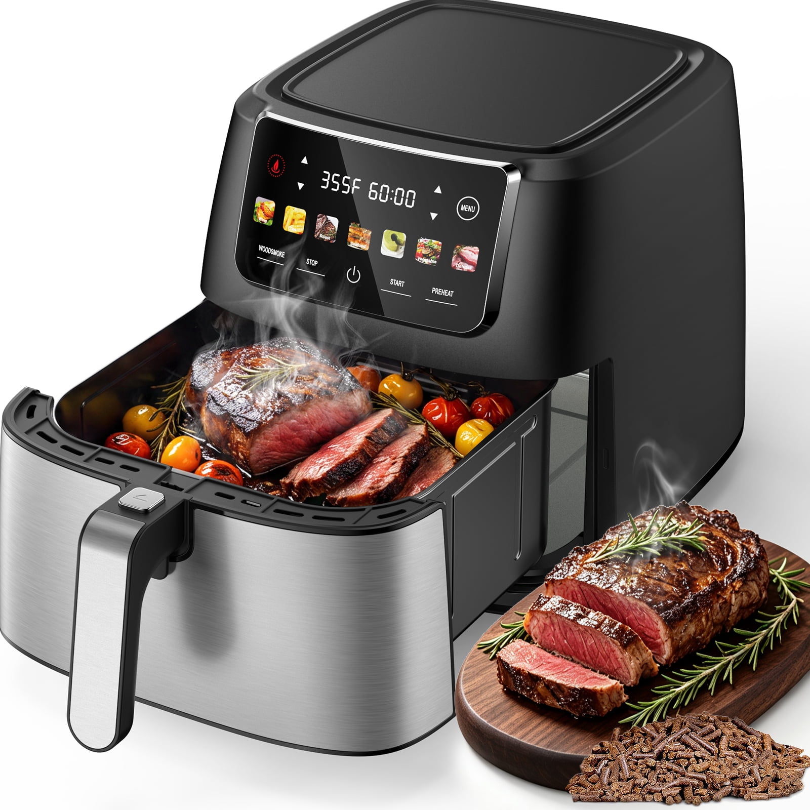 Air Fryer with Woodsmoke Mode, for BBQ, 9QT, LED Touchscreen Digital Color Display, 10 Preset Menus, Crisp, Broil, Roast, 1600W Fast Heating