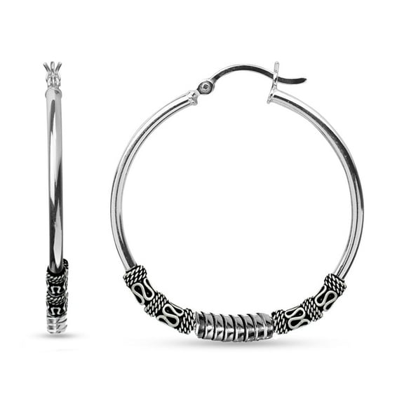 LeCalla 925 Sterling Silver Antique Oxidized Click Top Big Balinese Hoop Earrings Jewelry Gifts for Women and Teen 60MM