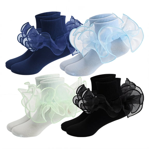 TELOLY 4Pairs Kids Socks,8-10 Years Old Ruffle Socks,Lace Trim Lace Socks,Combination1