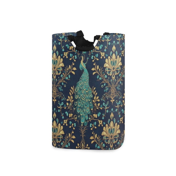Yayeee Freestanding Laundry Hamper with Handle Collapsible Large Storage Basket for Clothes, Navy Blue Peacock Pattern