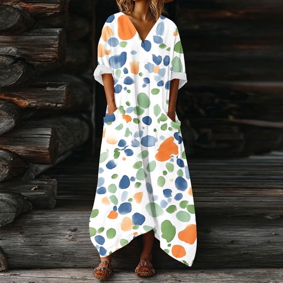 Ovbmpzd Casual Fall Maxi Dresses for Women 3/4 Sleeves V Neck Printed Dresses Cute Loose Fit Irregular Hem Dresses With Pocket
