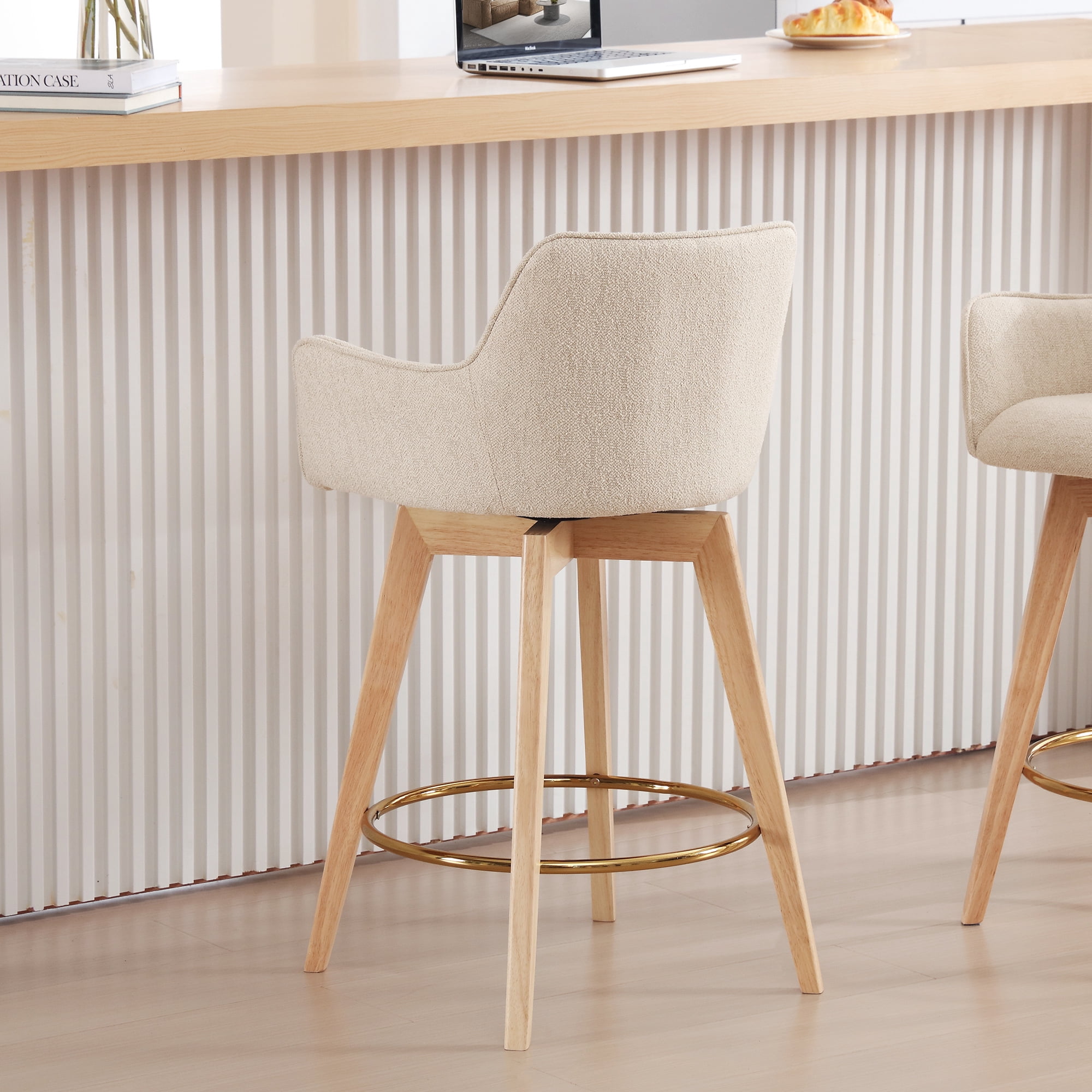 Zesthouse 26.6" Modern Bar Stools Counter Height, Swivel Single Bar Stool for Kitchen Island, Upholstered Linen Barstools with Barrel Back, Arms and Solid Wood Legs, Beige