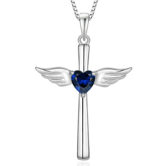 VESITIM Angel Wings Cross Necklace 925 Sterling Silver Heart Pendant Birthstone Created Sapphire Religious Jewelry for Women