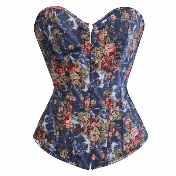 Grebrafan Vintage Floral Boned Corset Bustier for Women Blue L