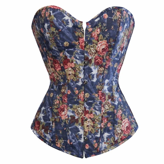 Grebrafan Vintage Floral Boned Corset Bustier for Women Blue S