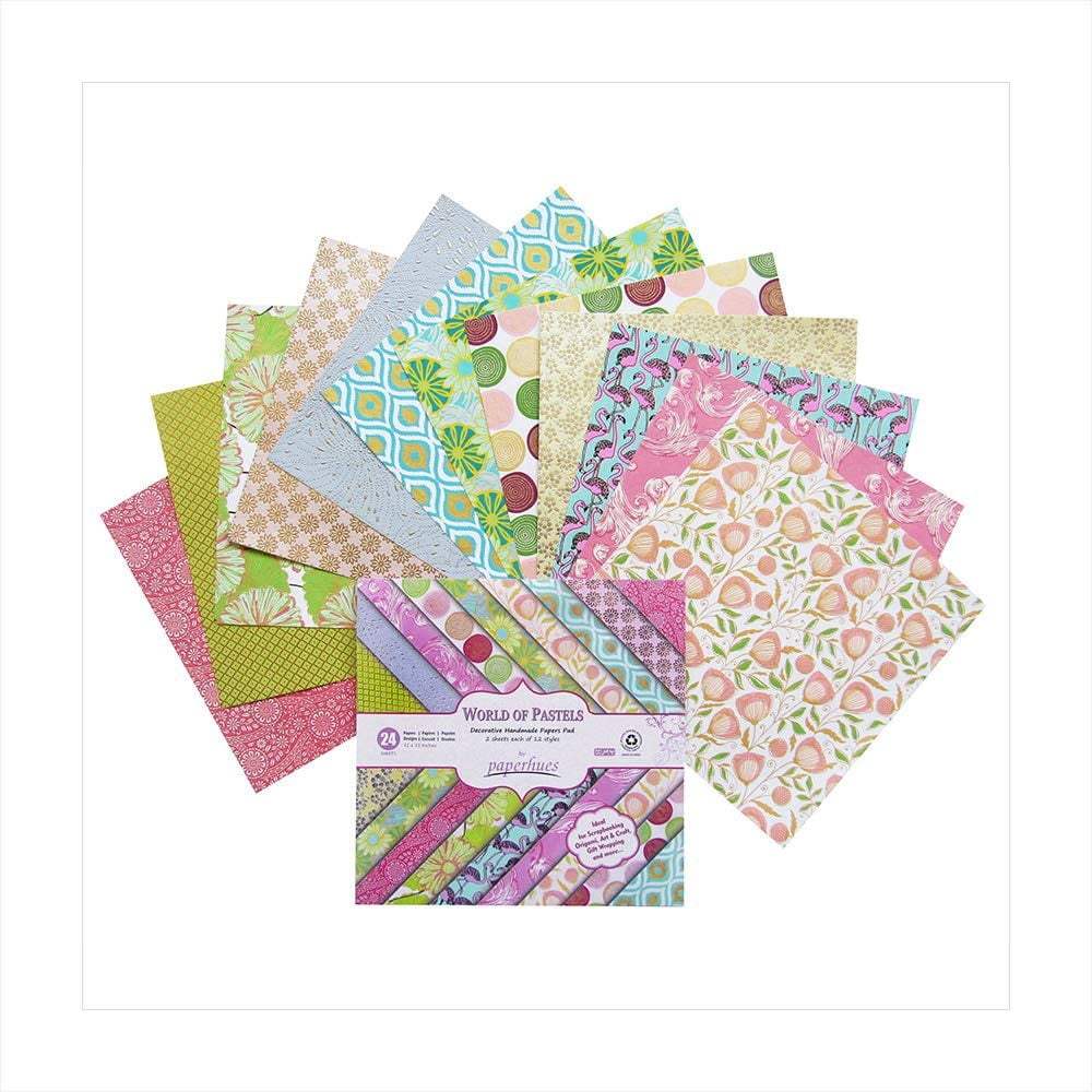 Paperhues World of Pastels Handmade Scrapbook Paper 12 x 12" Pad, 24 Sheets (2 sheets each of 12 styles)