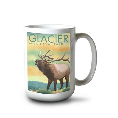 

15 fl oz Ceramic Mug Glacier National Park Montana Elk Lithograph Dishwasher & Microwave Safe