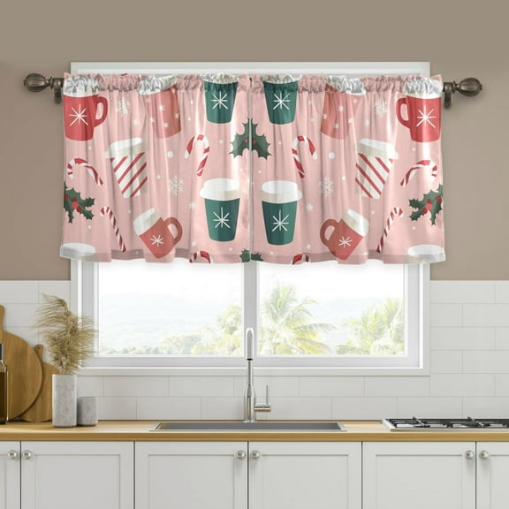 Yayeee Kitchen Curtains Tier Set of 2 Light Filtering 57"x24" Over Sink Window Panels, Pink Christmas Cups