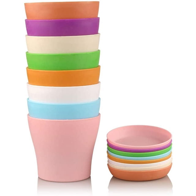 Macetas de plástico multicolor de 14 cm: juego de 8 para plantas de interior, decoración de oficina y hogar con bandeja/paleta