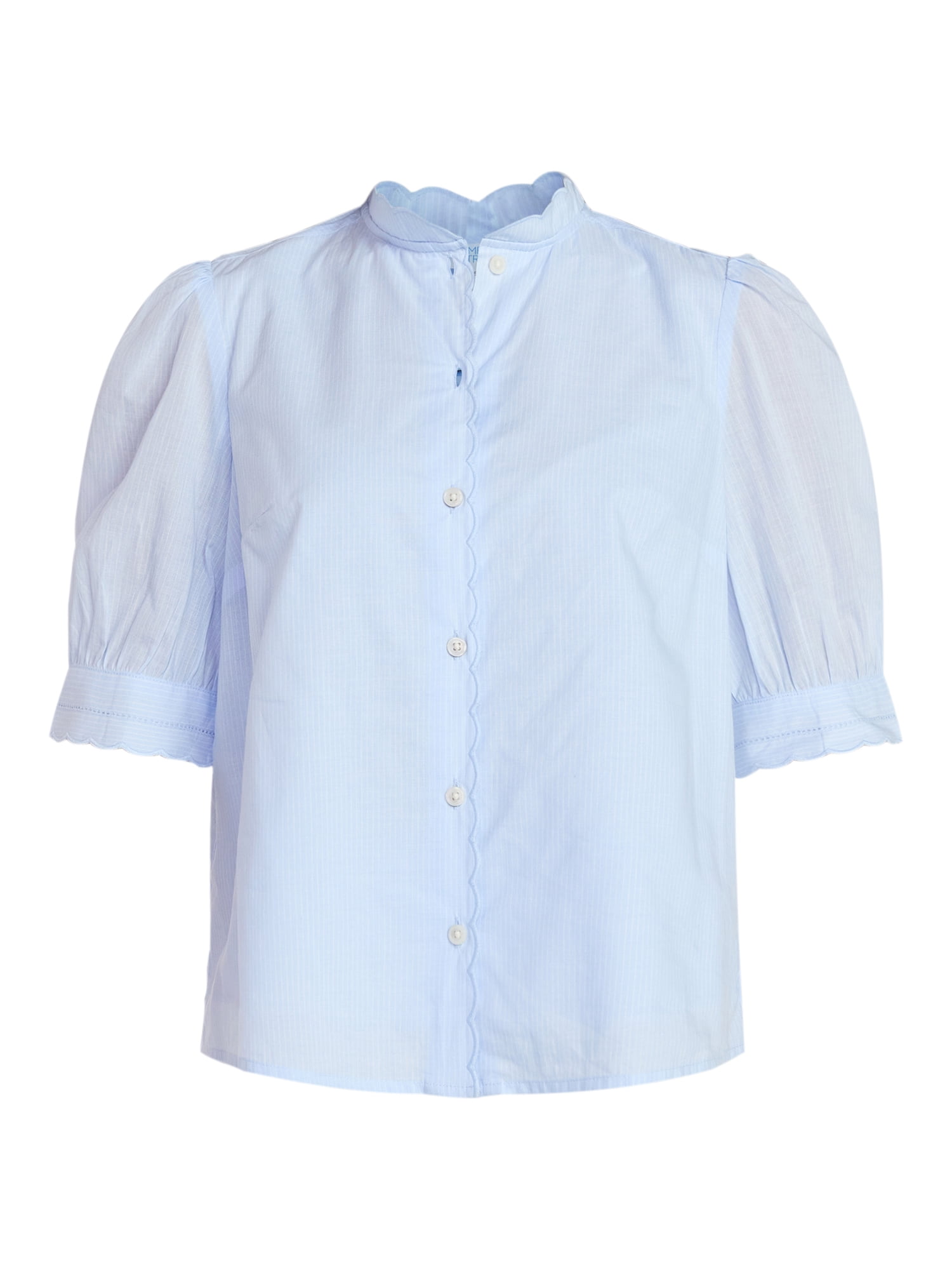 Time and Tru Women's Cotton Scalloped Edge Blouse with Short Sleeves, Sizes XS-XXXL