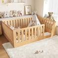 thumbnail image 4 of Jopath Queen Size Floor Bed with High Fence for Kids, Solid Wood Kids Montessori Bed with Door for Boys Girls Natural, 4 of 9