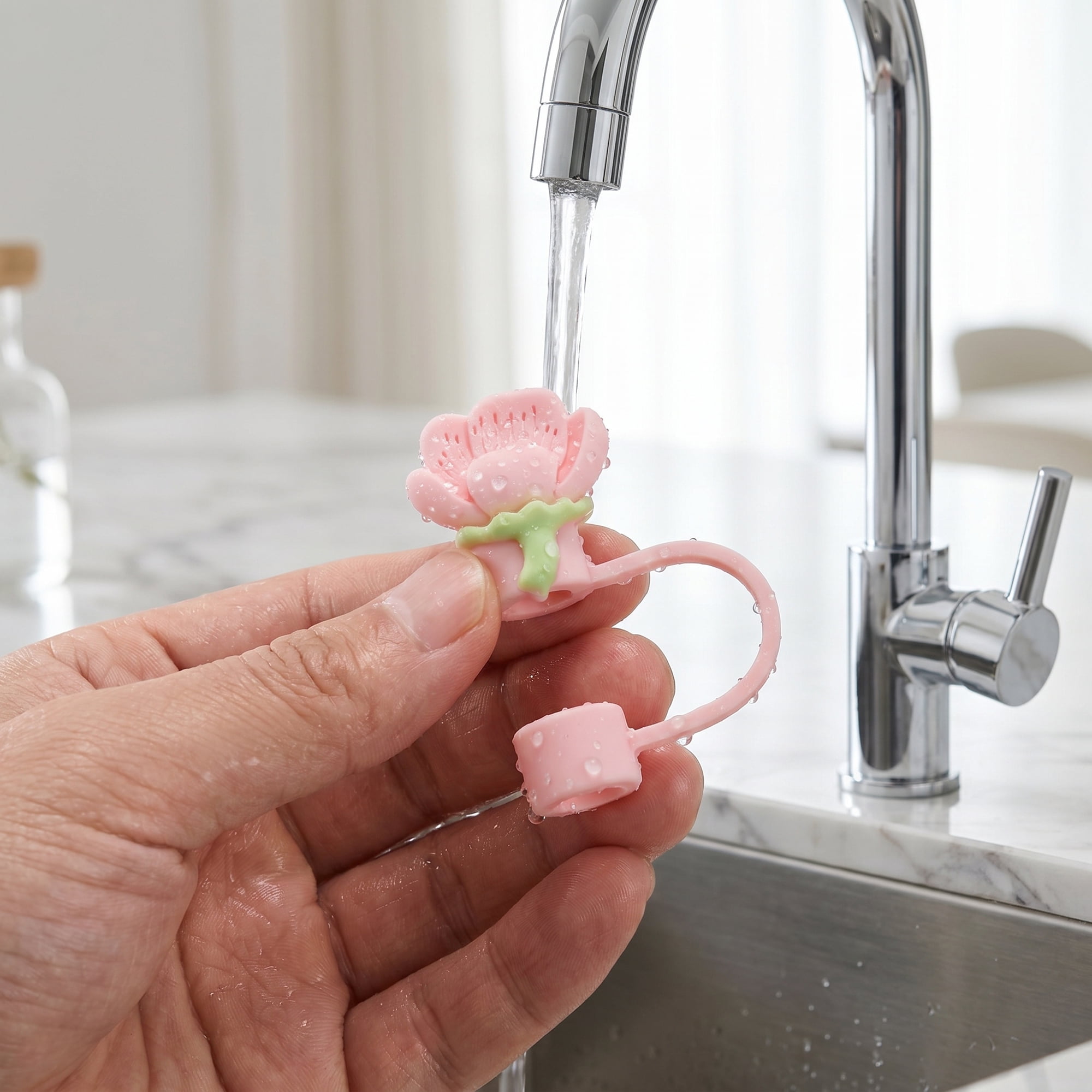 Unique Bargains 2Pcs Floral Silicone Straw Caps Reusable Dust-Proof Toppers Pink B