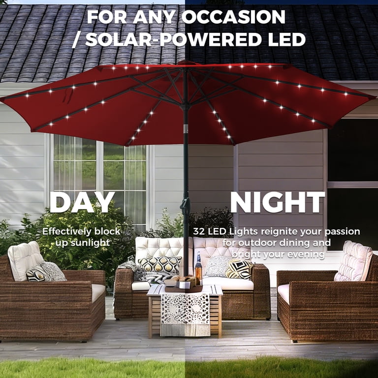 buy all weather patio umbrella LAZZO 11 ft. Cantilever Patio Umbrella with Base and Solar LED Lights,  Aluminum Offset 360 Rotation, Blue AEPUB105BU