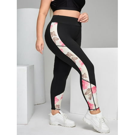 

Black Women s Plus Lightweight Contrast Leaf Print Side Topstitching Sports Leggings 2022 3XL(18) Y060D