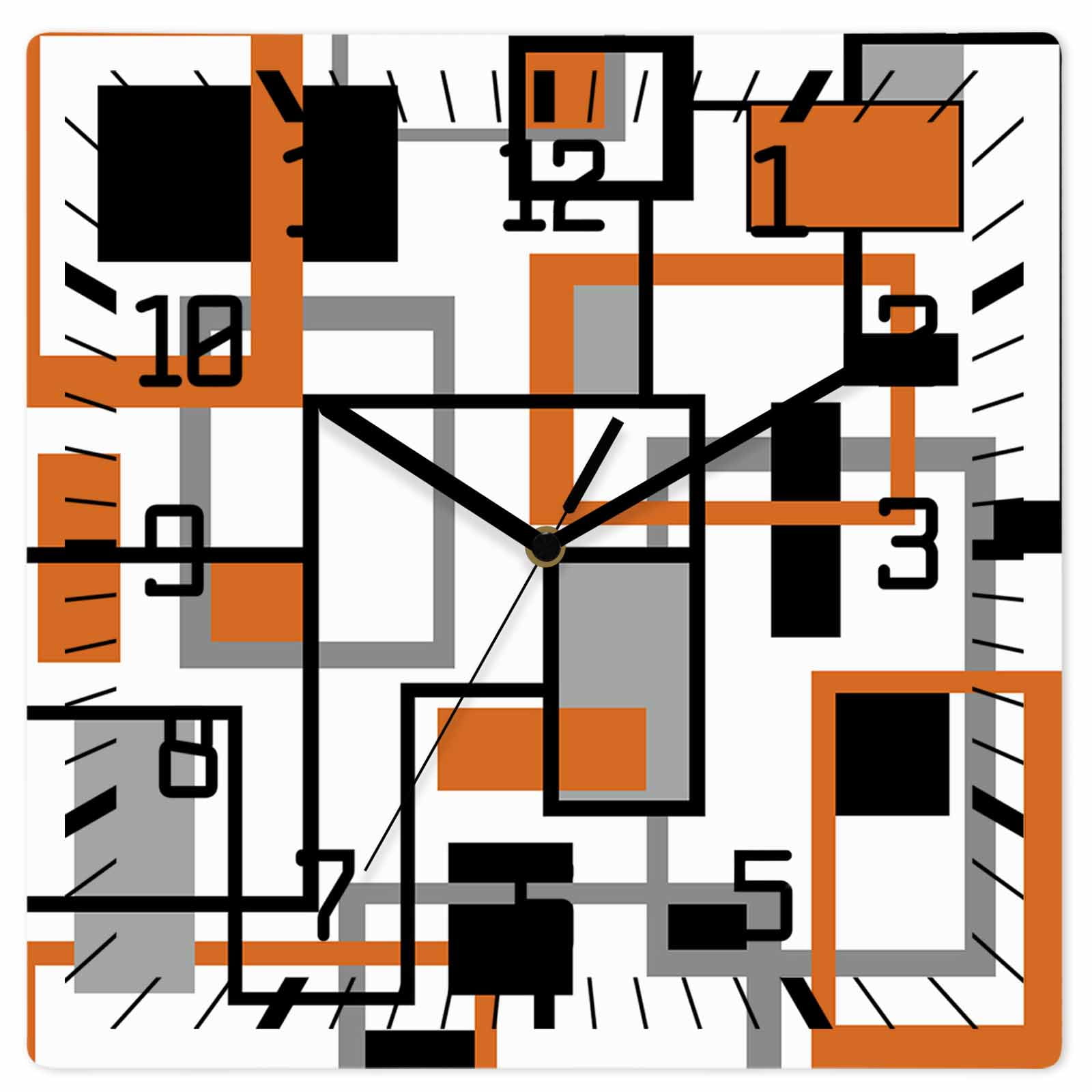 Orange Black Grey Geometric Wooden Wall Clock Silent Non Ticking, Middle Century Modern Abstract Art Square Wall Clocks Battery Operated, Decor Clock for Home Office, Living Room, Kitchen, 10 Inch