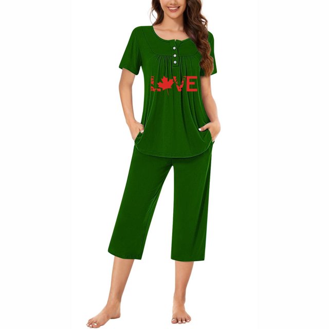 Qiopertar Ensemble de Pyjama à Manches Courtes et Col Rond pour Femmes avec Poches, Livraison Gratuite