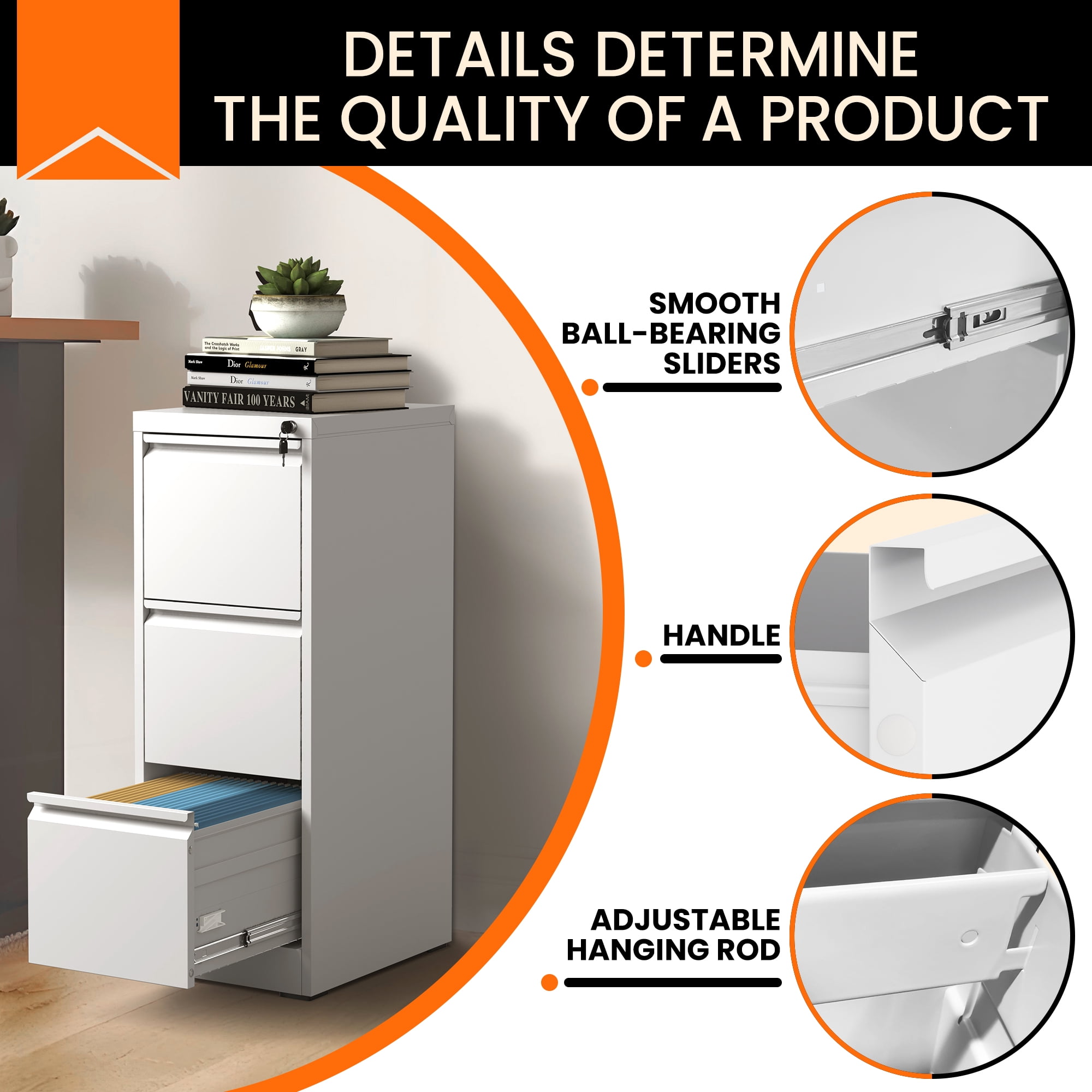BIZOEIRON 3 Drawer Metal File Cabinet with Lock, Vertical Filing Cabinet for Hanging Legal/Letter Size Files, White