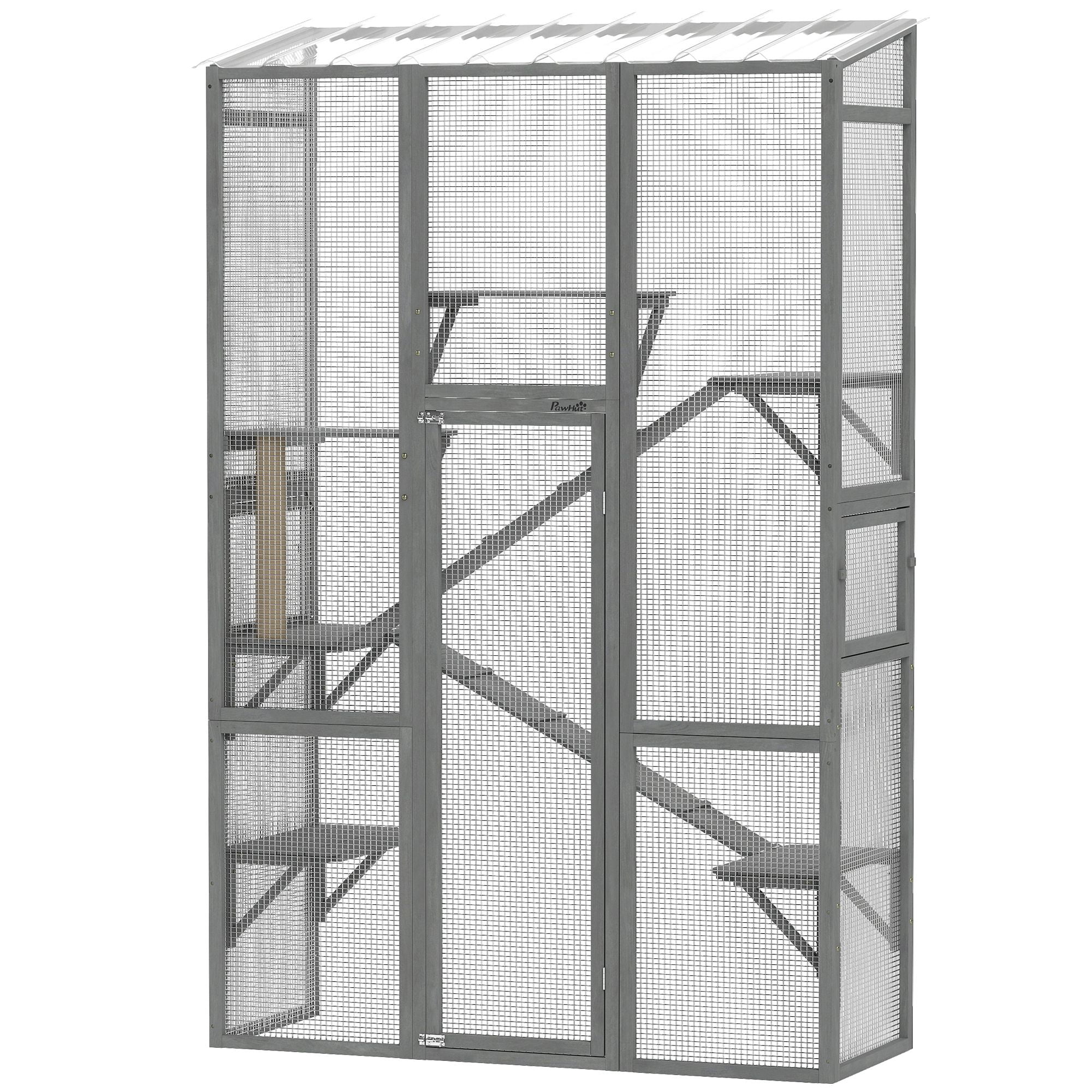 Dranite Outdoor Catio Cat Enclosure, Large Wooden Cat House with 6 Jumping Platforms, Scratching Post, 2 Ramps, for 2-3 Kittens