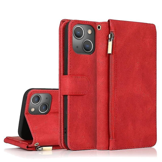 Funda de cuero con tapa horizontal y cremallera para iPhone 13 Pro Max, con textura de caballo loco, ranuras para tarjetas, billetera y cordón.