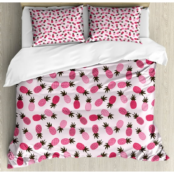 Pineapple Queen Size Duvet Cover Set, Doodled Style Exotic Pineapple Figures Scattered Spotted Zigzag Pattern, Decorative 3 Piece Bedding Set with 2 Pillow Shams, Pink Black Magenta, by Ambesonne