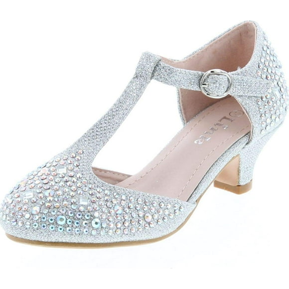 Link Jemma-12K Girls Youth Pageant Jewel Rhine Stone Mary Jane High Heel Dress Shoes,Silver -12K,13
