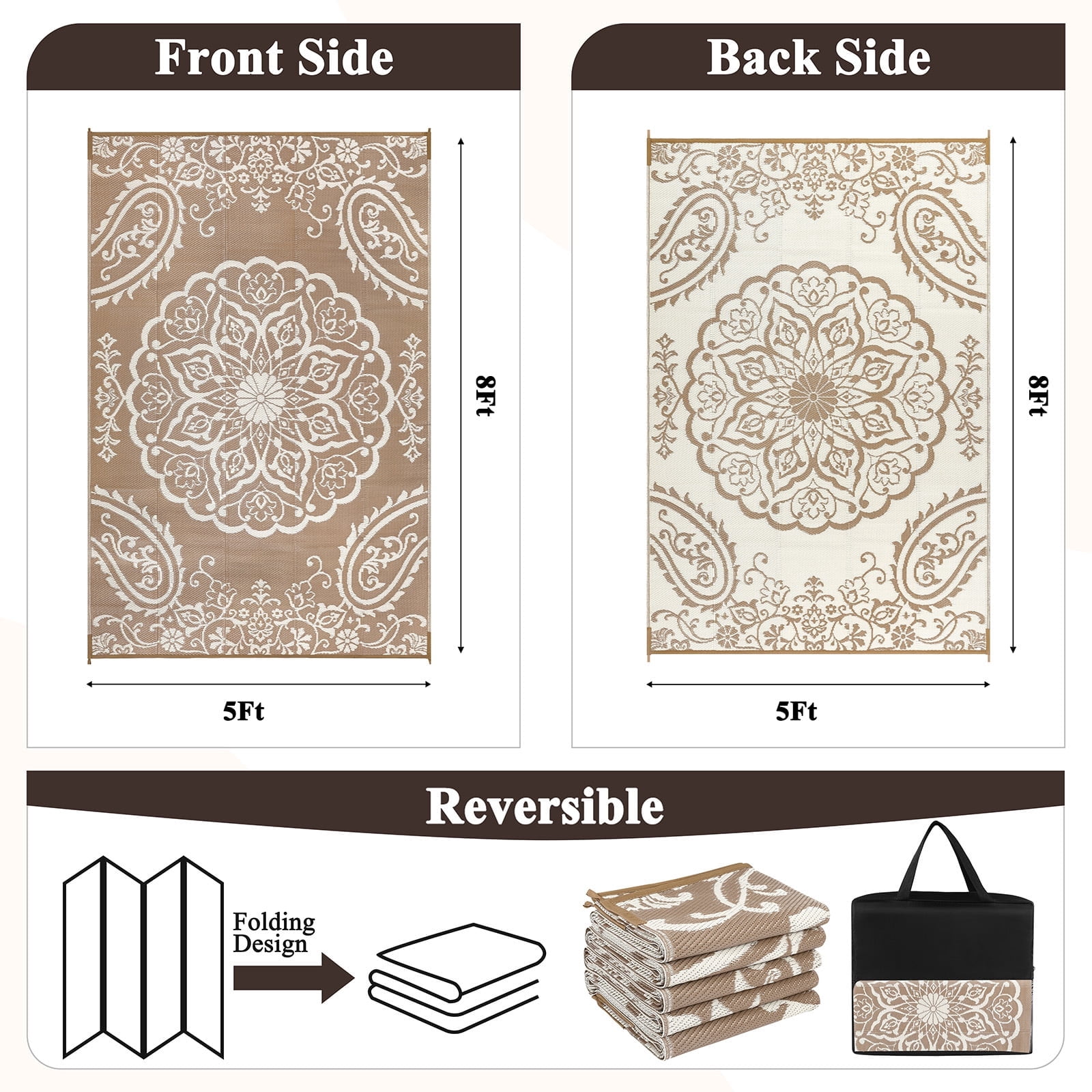 MeyJey 5'x8' Outdoor Rug, Patio Rug Waterproof RV Outdoor Rug Camping Rugs Reversible Plastic Mat for Camping, Balcony Apartment, Patio, Porch, Picnic, Beach, Brown