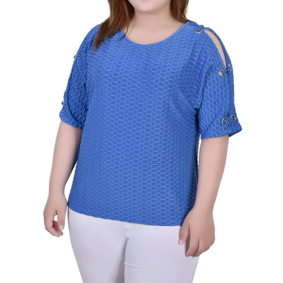 NY Collection Womens Embellished Basic T-Shirt, Blue, Petite, P/PS